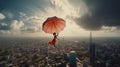 flying girl with red umbrella under city Royalty Free Stock Photo