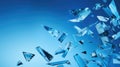 Flying glass fragments on a blue background.