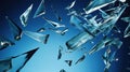 Flying glass fragments on a blue background.