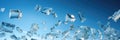 Flying glass fragments on a blue background. Wide format banner