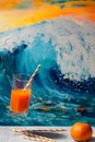 Flying glass with juice on a blurred background of a storm wave, Russia