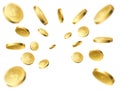 Flying gold coins explosion. Realistic 3d money, dollars cash back, game prize, jackpot or lotto casino win, wealth