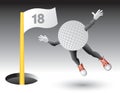 Flying golf ball character on 18th hole