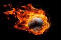 Flying golf ball in flames on pure black background