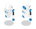 Flying gravity improved robot assistant, smart supporting pensioner helper back and front view