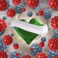 Flying green chopped heart with the white ribbon and the molecular spheres around. Copyspace for text Valentines day 3d illustrati