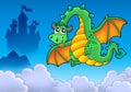 Flying green dragon with castle Royalty Free Stock Photo