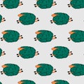 Flying green sheep on a grey background. dancing sheep. soaring sheep. seamless pattern with sheeps. vector illustration