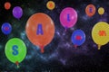 Flying group of balloons in the night sky. Concept of sale messa Royalty Free Stock Photo