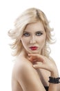 Flying hair blond girl, her hand under the chin Royalty Free Stock Photo