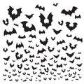 Flying halloween bat. Cave bats flock silhouette fly at sky. Scary vampire flittermouse vector background illustration Royalty Free Stock Photo