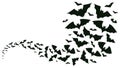 Flying halloween bats silhouettes. Bats flock flying wave, vampire flying winged spooky animals vector background