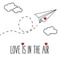 Flying hand drawn paper plane with heart. Romantic, valentine card. Printable illustration