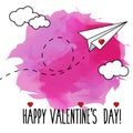 Flying hand drawn paper plane vector illustration, romantic, happy valentines day greeting card