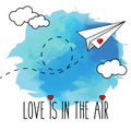 Flying hand drawn paper plane vector illustration, romantic, valentine card.