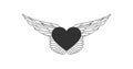 Flying heart with wings line illustration with stroke.nLove concept. Tattoo Linear heraldic element. Vector illustration
