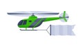 Flying Helicopter with Blank Horizontal Banner, Green Air Vehicle with White Ribbon for Advertising Flat Vector Royalty Free Stock Photo