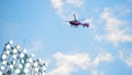 Flying helicopter over fotball spotlights