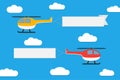 Flying helicopters with banners. Set of advertising ribbons on blue sky background. Vector. Royalty Free Stock Photo