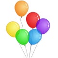 Flying helium bunch balloon, collection. Colored, shiny, transparency group ballons. Red, green blue yellow, orange. With spring