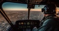 A Military Pilot in the Cockpit of a Helicopter with a City View and Instrumentation, Flying High, . Generative AI