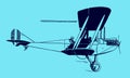 Flying historic two-seater biplane aircraft in side view. Illustration on a blue background after a lithography from the early