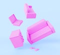 Flying home furniture in pink monochrome color on blue background 3d render. Creative interior design with sofa, house