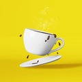 Flying hot chocolate porcelain cup splashes drops 3D rendering yellow. Floating fresh brewed steaming coffee cocoa drink