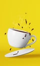 Flying hot chocolate porcelain cup splashes drops 3D rendering yellow. Floating fresh brewed steaming coffee cocoa drink Royalty Free Stock Photo
