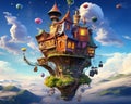 Flying house - art Flying romantic house for kids.