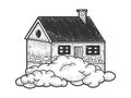 Flying house in clouds sketch vector illustration