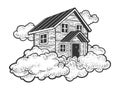 Flying house in clouds sketch vector illustration