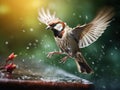 Ai Generated illustration Wildlife Concept of Flying House Sparrow