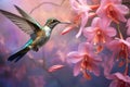 Flying hummingbird near blooming orchid