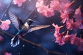 Flying hummingbird near blooming orchid