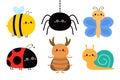 Flying insect icon set. Butterfly, bee bumblebee, lady bug ladybird, beetle, spider web, snail cochlea. Cute cartoon kawaii funny Royalty Free Stock Photo