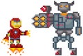 Flying iron man near mechanical character in armor. Pixelated cartoon characters are fighting