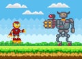 Flying iron man near mechanical character in armor. Pixelated robots are fighting outdoors