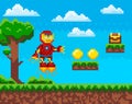 Flying iron man, robot in red metal suit collects chests and coins. Pixelated character in jet boots Royalty Free Stock Photo