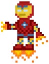 Flying iron man, robot in red metal suit. Pixelated cartoon character in jet boots with fire