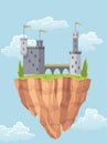 Flying island fairy tale castle. Cartoon fantasy palace with towers, vector medieval fort or fortress. Fairy tale Royalty Free Stock Photo