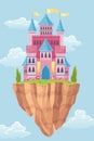 Flying island fairy tale castle. Cartoon fantasy palace with towers, vector medieval fort or fortress. Fairy tale Royalty Free Stock Photo