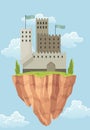 Flying island fairy tale castle. Cartoon fantasy palace with towers, vector medieval fort or fortress. Fairy tale Royalty Free Stock Photo