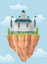 Flying island fairy tale castle. Cartoon fantasy palace with towers, vector medieval fort or fortress. Fairy tale Royalty Free Stock Photo