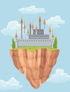 Flying island fairy tale castle. Cartoon fantasy palace with towers, vector medieval fort or fortress. Fairy tale Royalty Free Stock Photo