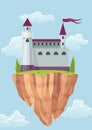 Flying island fairy tale castle. Cartoon fantasy palace with towers, vector medieval fort or fortress. Fairy tale Royalty Free Stock Photo