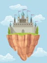 Flying island fairy tale castle. Cartoon fantasy palace with towers, vector medieval fort or fortress. Fairy tale Royalty Free Stock Photo