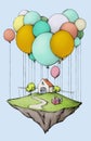Flying island with home and garden, decorated for a birthday
