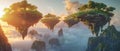 Flying islands in alien world at sunset, panoramic surreal mountain landscape with land floating in sky. Concept of fantasy, green Royalty Free Stock Photo