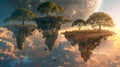 Flying islands in alien world at sunset, surreal mountain landscape with land floating in sky. Concept of fantasy, fairy green Royalty Free Stock Photo
